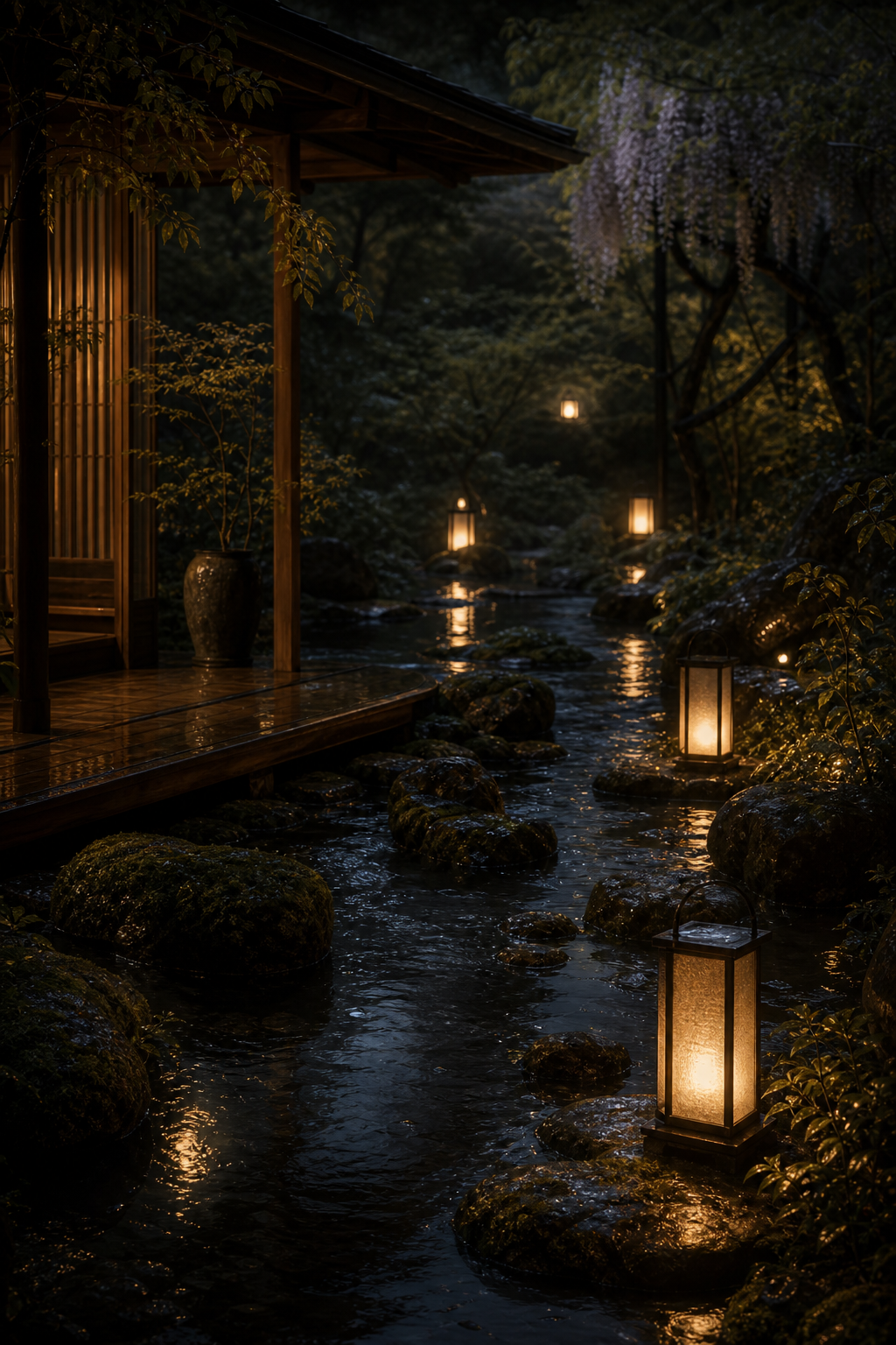 Warm lanterns reflected in dark water