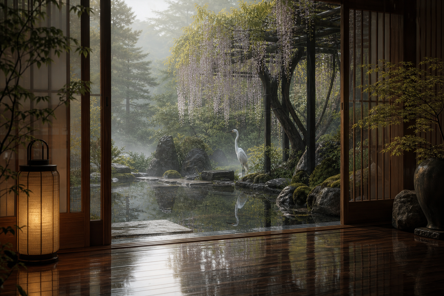 A rain-wet glasshouse garden with a black reflecting pool and white heron