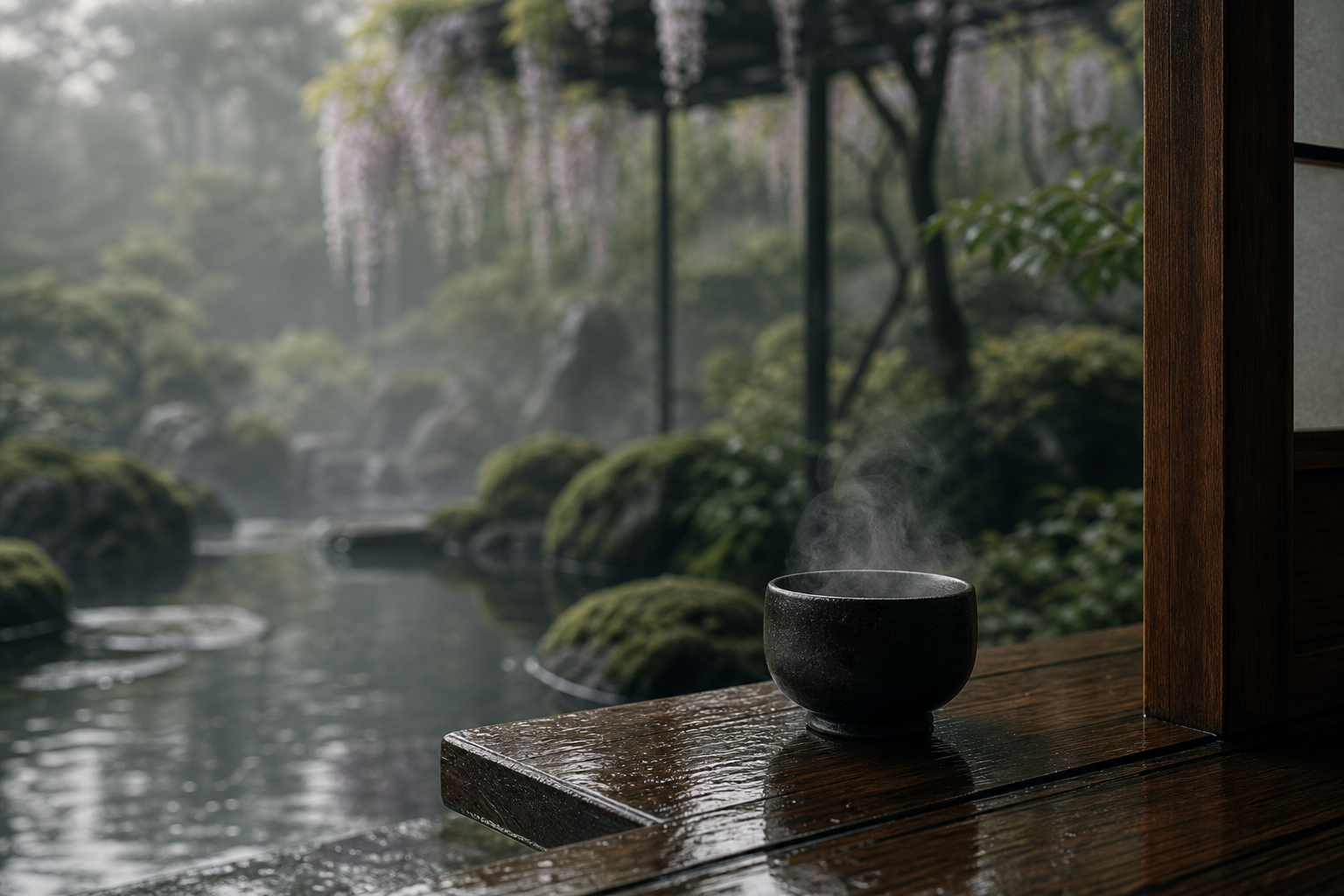 A black tea bowl steaming beside mist and rain-wet cedar